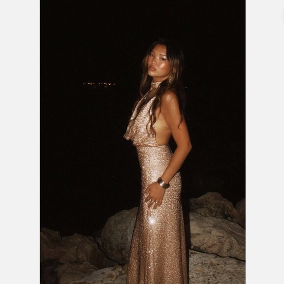 Zara Sequin Halter Maxi Dress NWT Beige Pink Size Medium - Picture 5 of 16